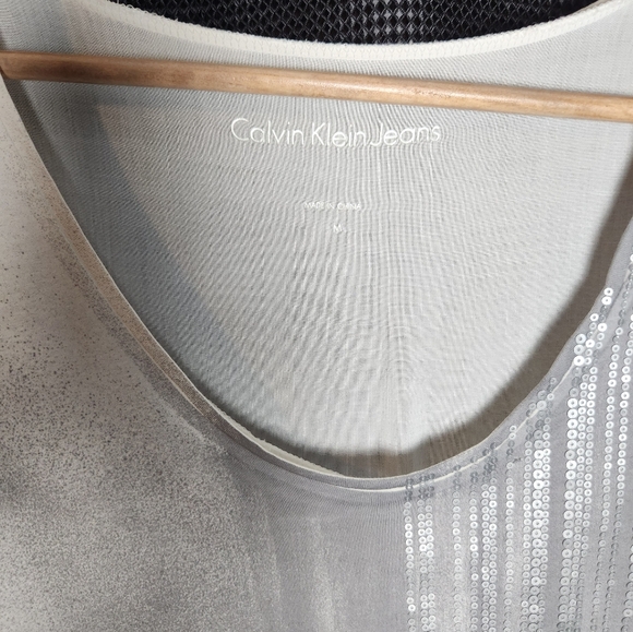 Calvin Klein Women's White and Gray Sequin Tee - Picture 2 of 5